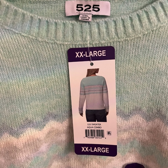525 Women's Super Soft Crewneck Pullover Lurex Fairisle Sweater - Aqua Combo XL - Picture 3 of 11